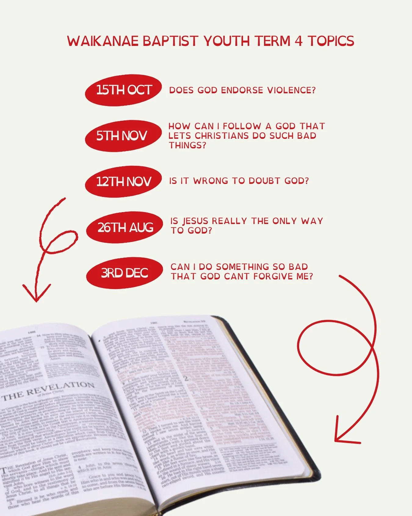 we&rsquo;re talking about some really cool topics this term at youth group!! come along for some awesome conversations and bible study 🙏🏻🙏🏻🙏🏻😇😇😇