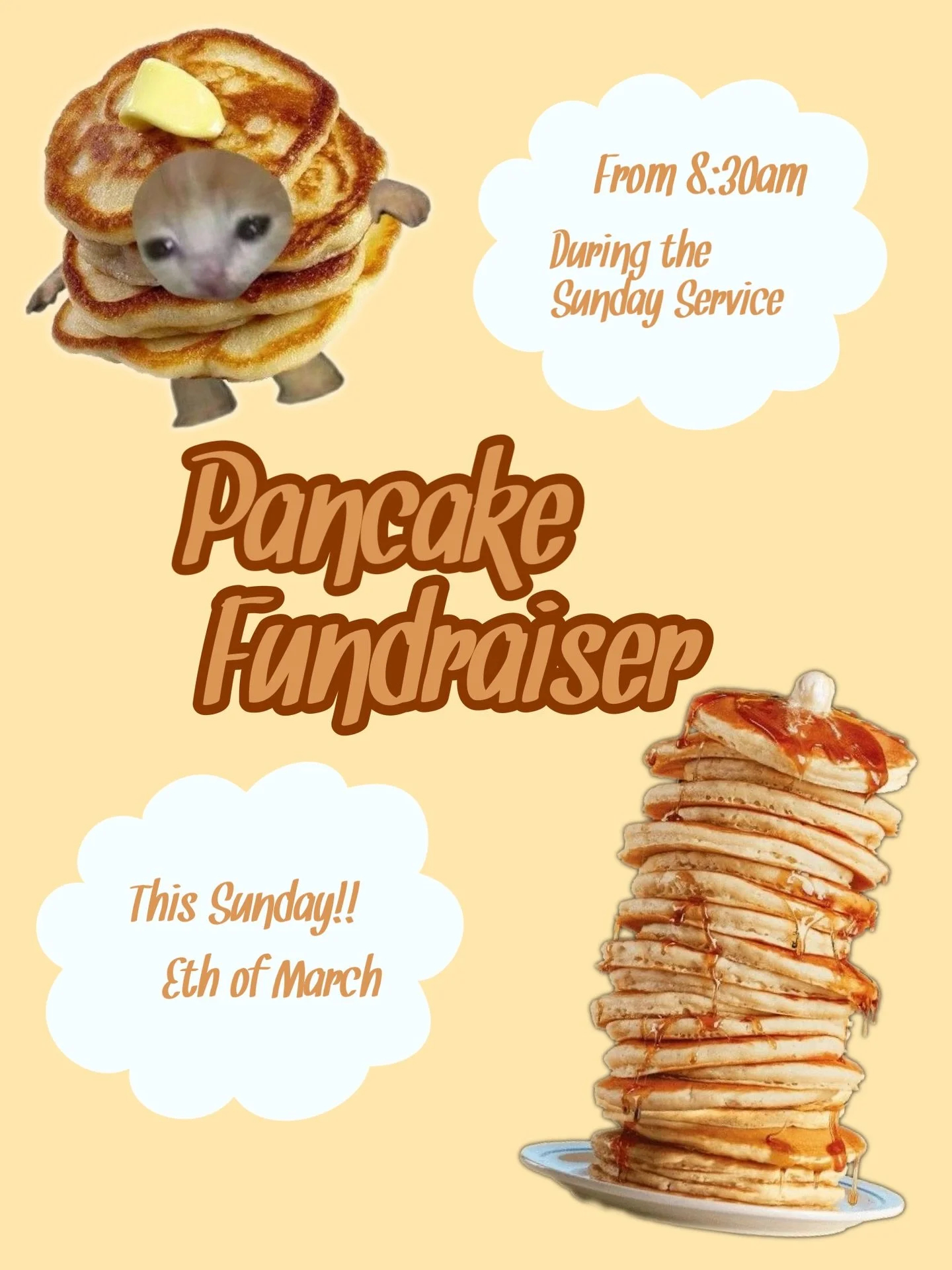 come hep fundraise for easter camp at church tomorrow!!! were selling pancakes!!