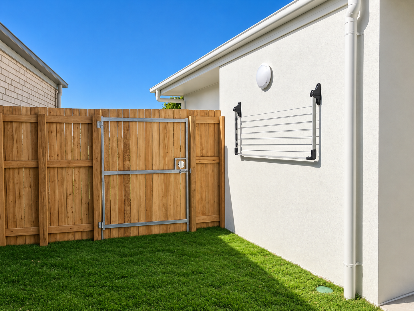Modern Backyard with Wooden Gate and Laundry Rack.png