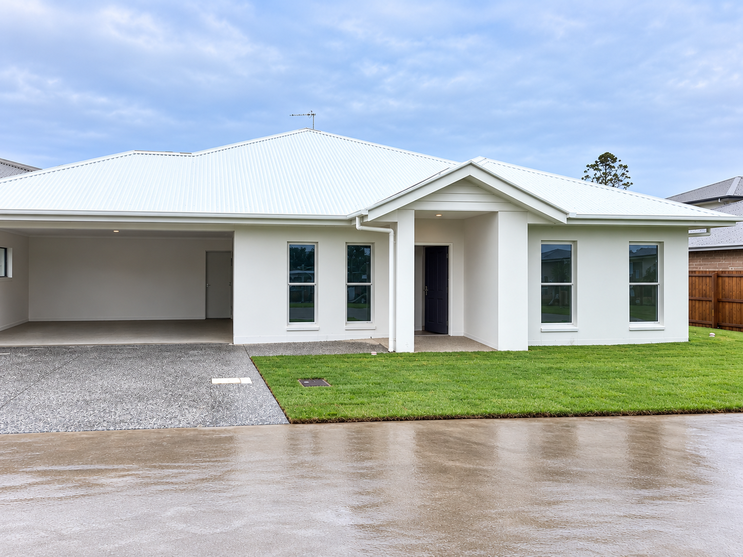 Rainy Modern Suburban Home Exterior.png