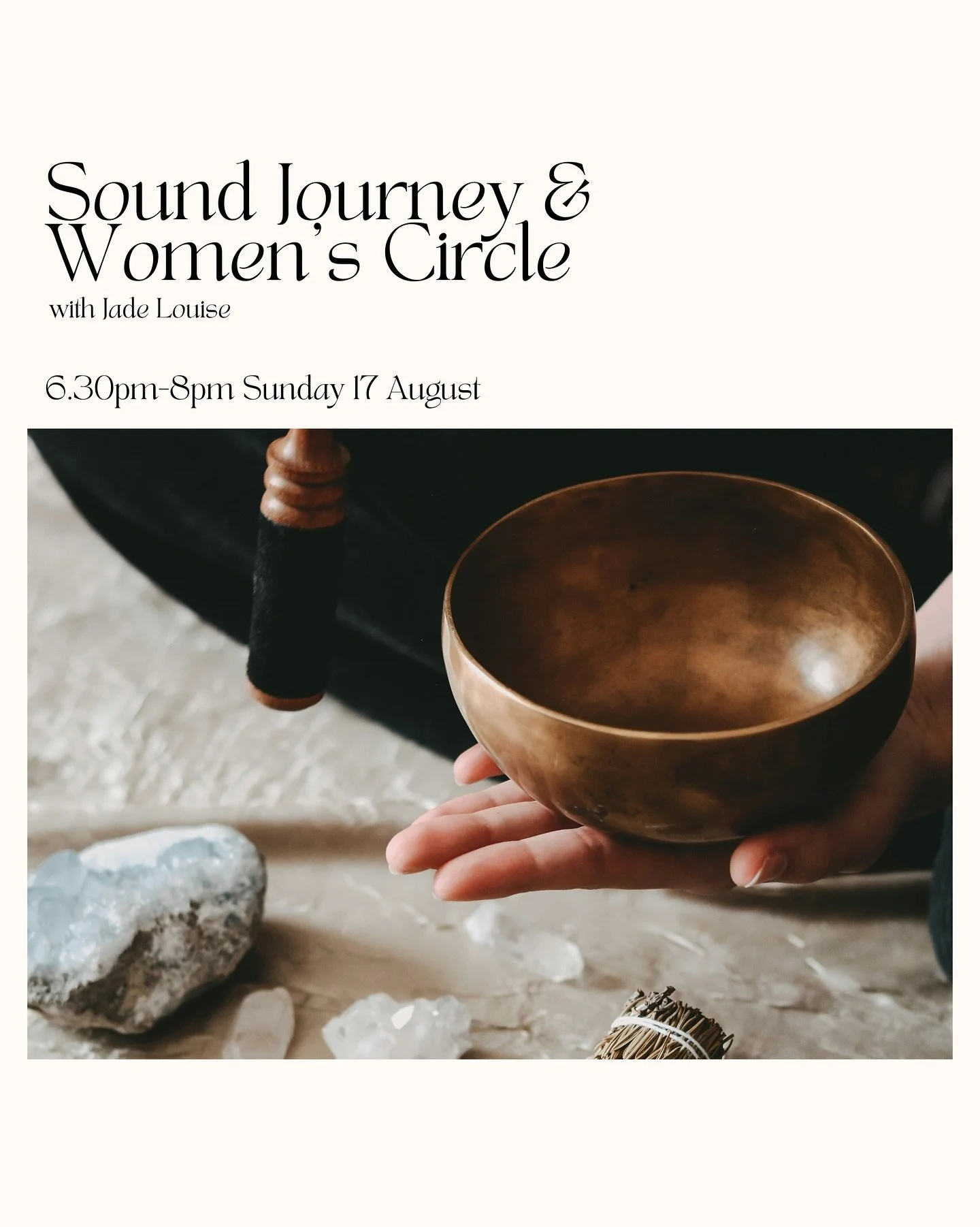 Join us for a nourishing 90-min Sound Journey on Sunday 17 August.
We’ll begin with a women’s circle, grounding into the space with a tea ceremony and journalling, before being immersed in a meditative soundscape featuring Crystal and Tib