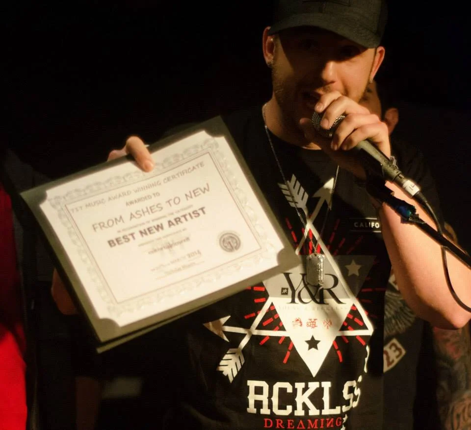 Matt Brandyberry of From Ashes To New Accepts “Best New Artist” at the final awards show in 2014, where they headlined the evening w/ their 2nd performance as a band.