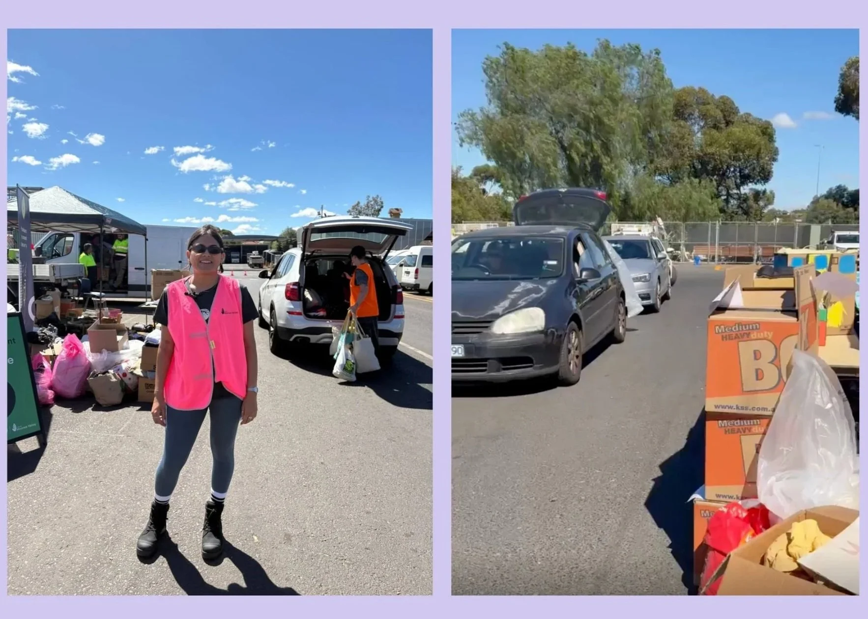 After founder Yesha Patel at a community clothing recycling drive with cars dropping off textiles for recycling, helping keep unwanted clothing out of landfill