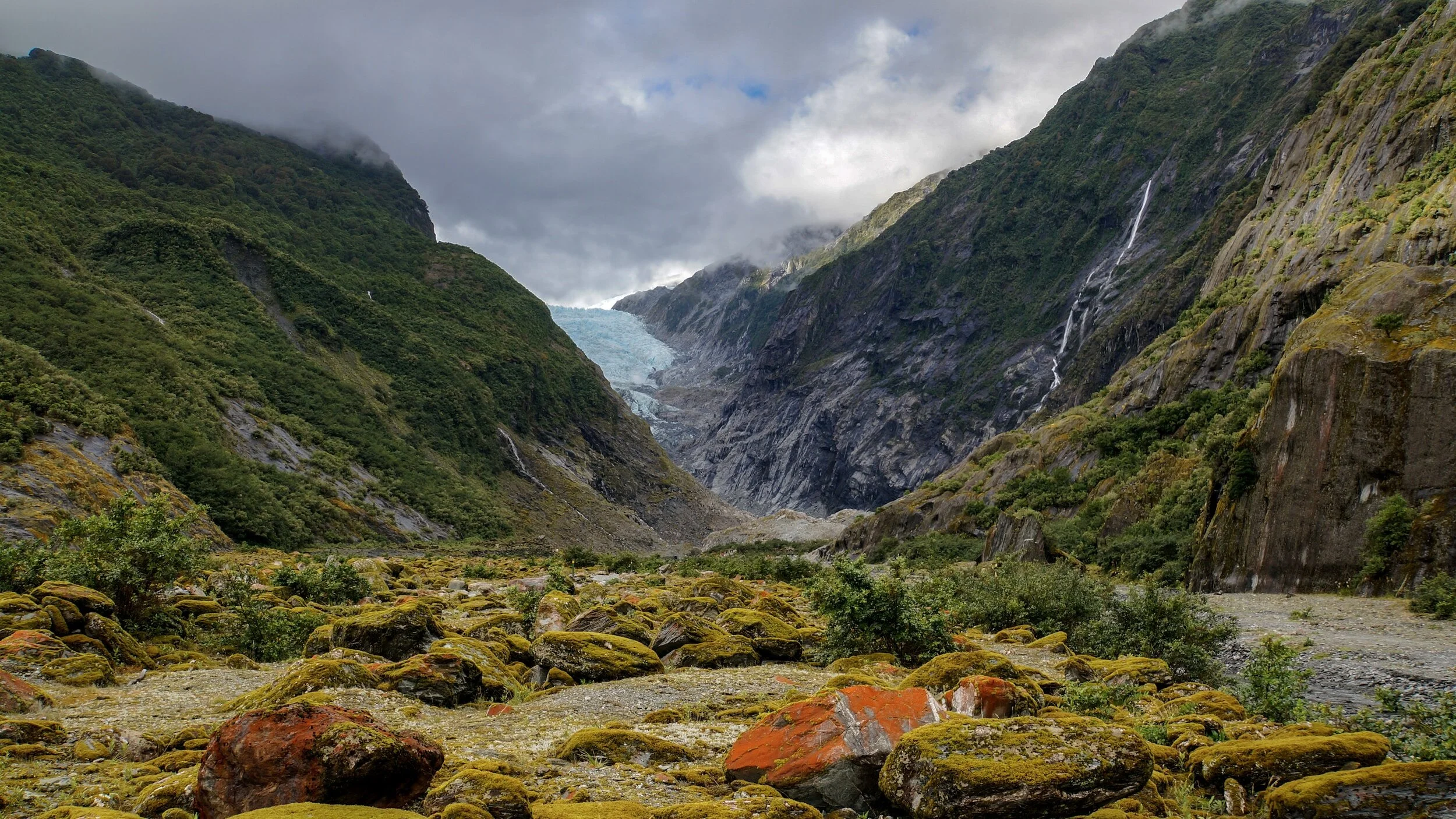 Mountain valley with lush greenery, a glacier in the distance, cloudy sky, and rocky terrain with moss and vegetation.