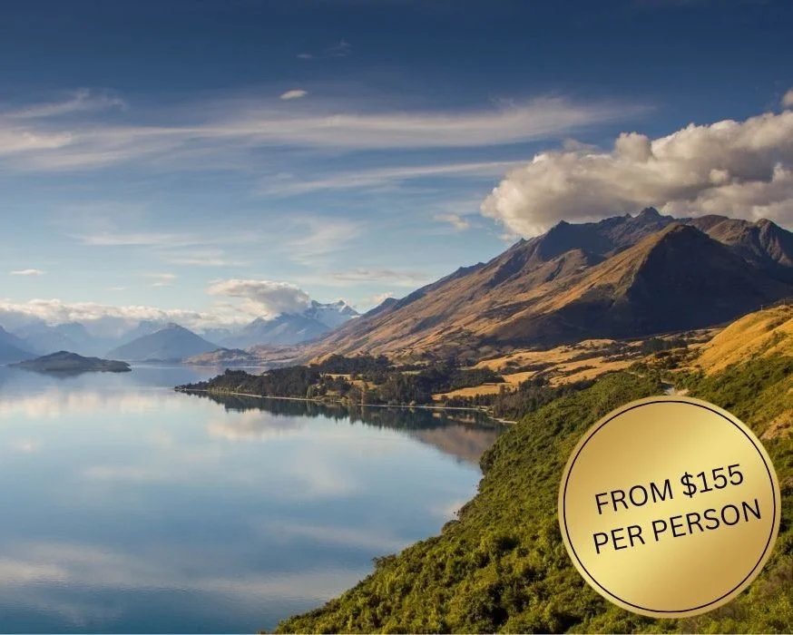 Scenic view of a lake and mountains with a cloudy sky. A circular label shows the price starting from $155 per person.