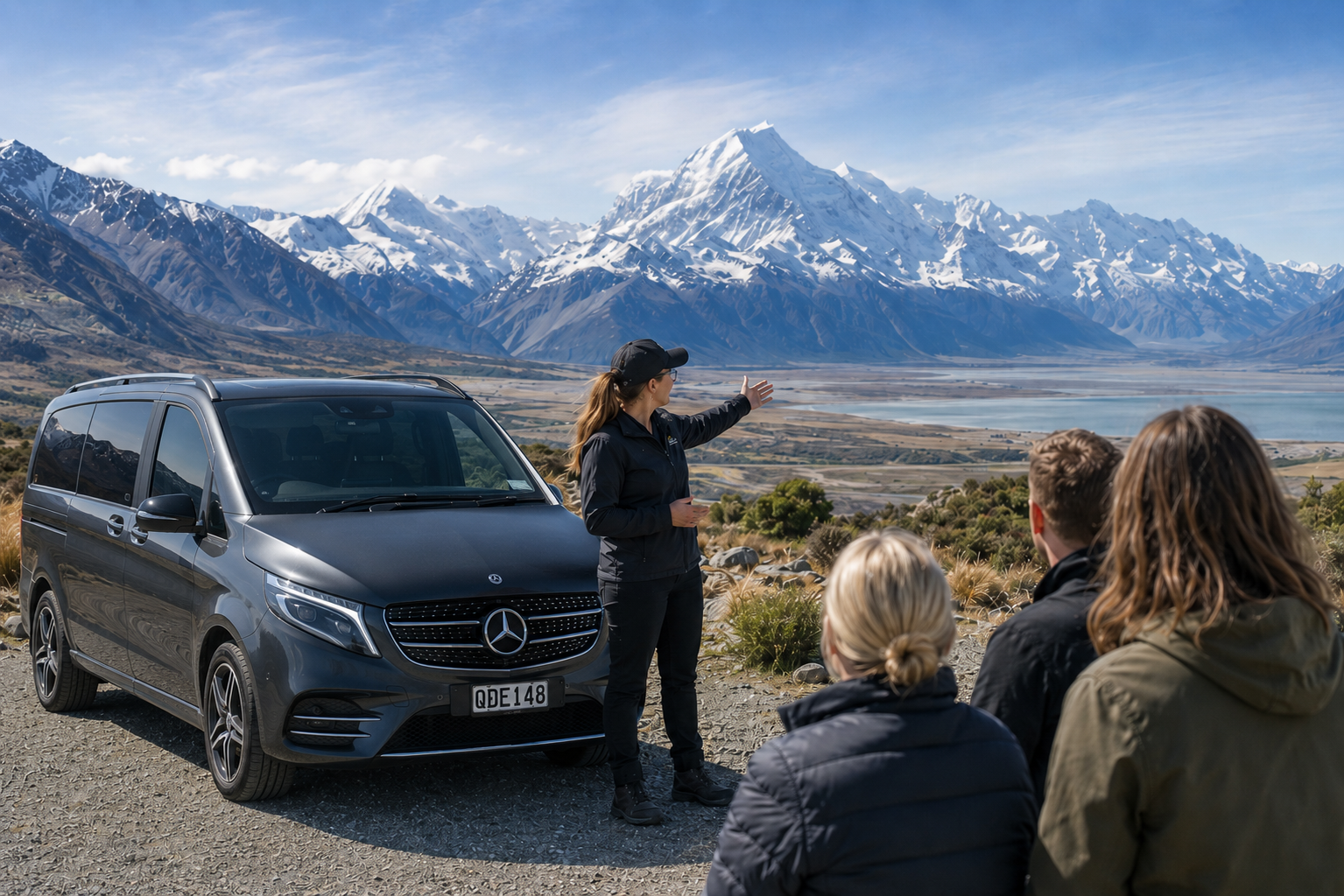 Local guide with private tour guests in the Mackenzie Country
