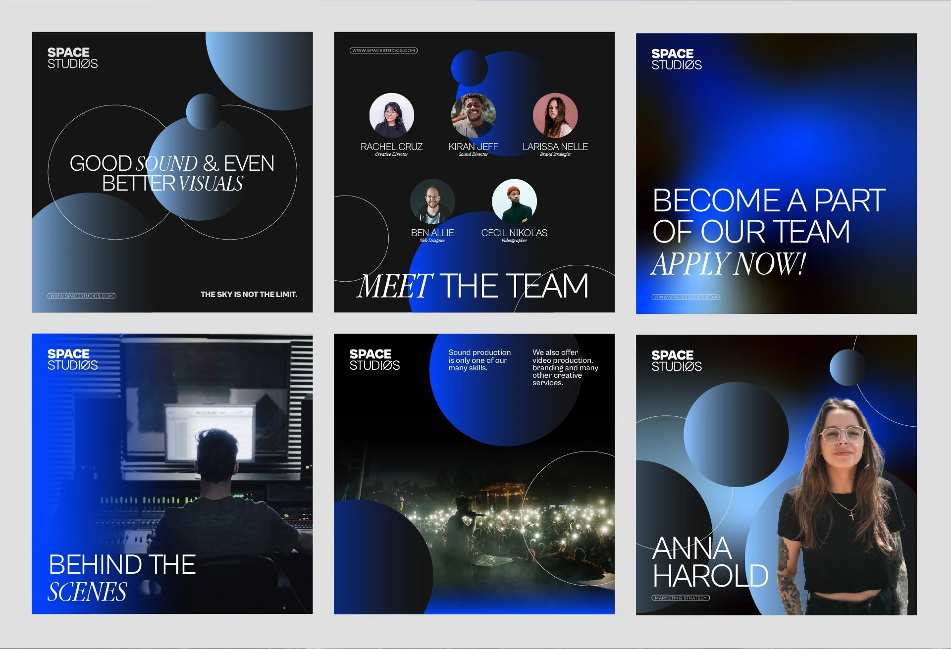 Collage of 6 social media templates featuring blue and black circle gradients