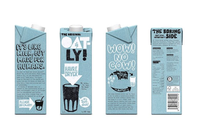 Overview of Oatly's bold packaging design