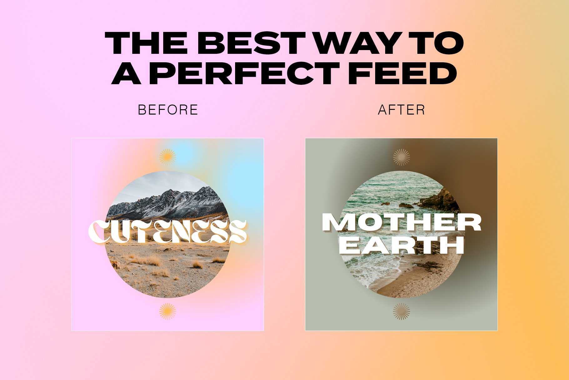 Before and after comparison of Instagram post layouts redesigned with the editable Canva social media template kit to improve feed aesthetics