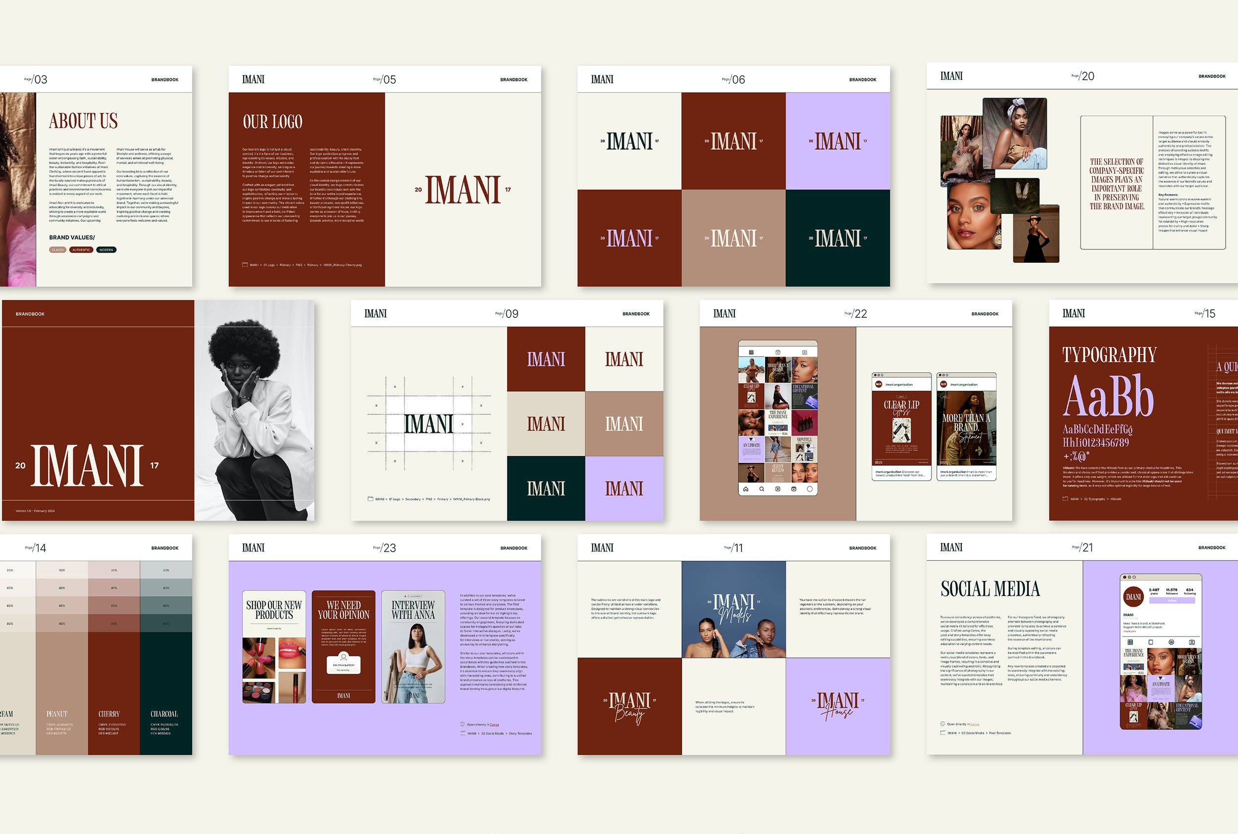 Overview of Imani's brandbook made by Vermeulen Design Studio