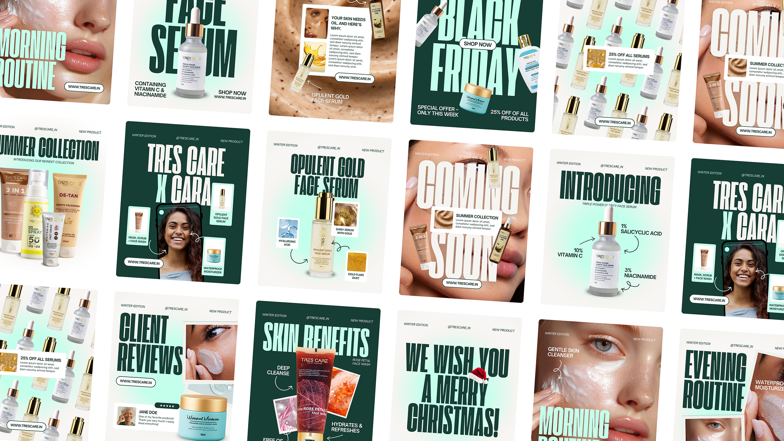 Collage of 18 different social media templates for a beauty brand