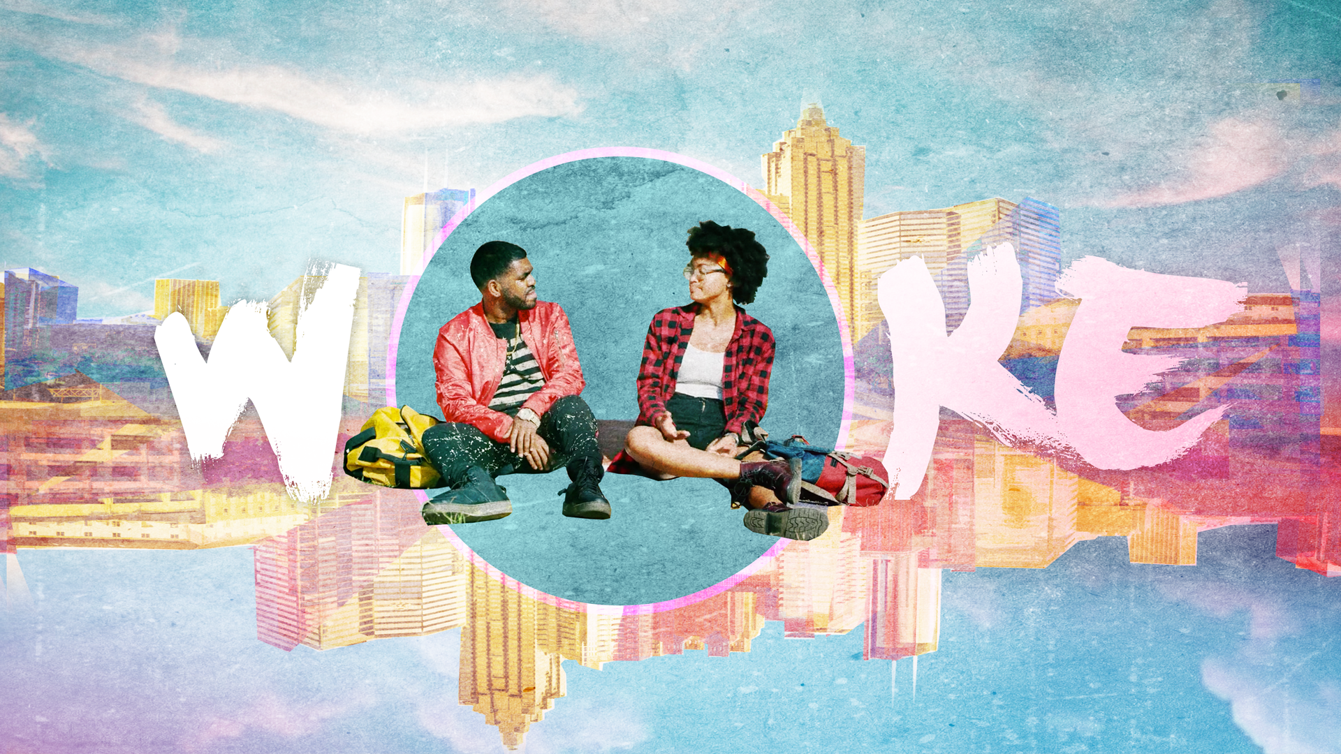 A digital collage features a man and woman sitting on an urban rooftop with city buildings in the background. They are looking at each other, surrounded by colorful, artistic elements with large white and pink text overlay.
