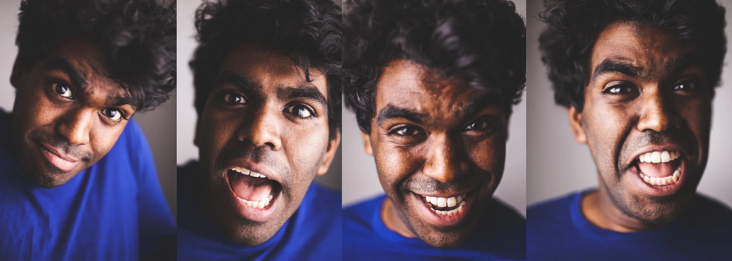 A collage of four close-up portraits of a young man with dark hair, each showing different expressions: a gentle smile, an open-mouthed joyful expression, a confident look, and a playful grimace, all against a neutral background, wearing a blue shirt