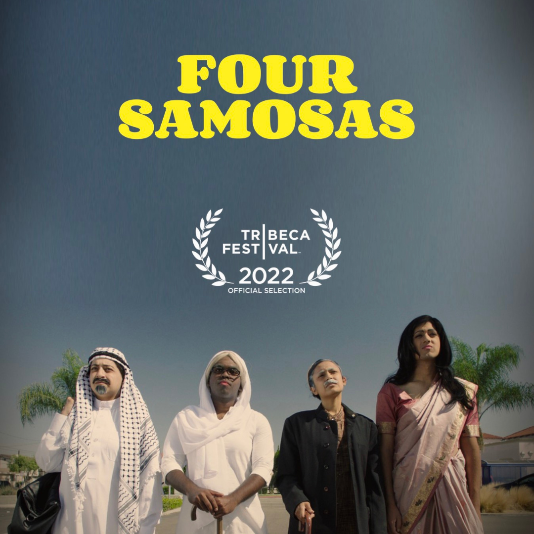 Poster for the film "Four Samosas" featuring four diverse characters standing outdoors against a blue sky with palm trees.