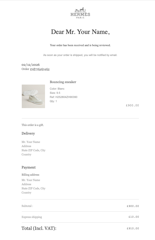 hermes receipt generator