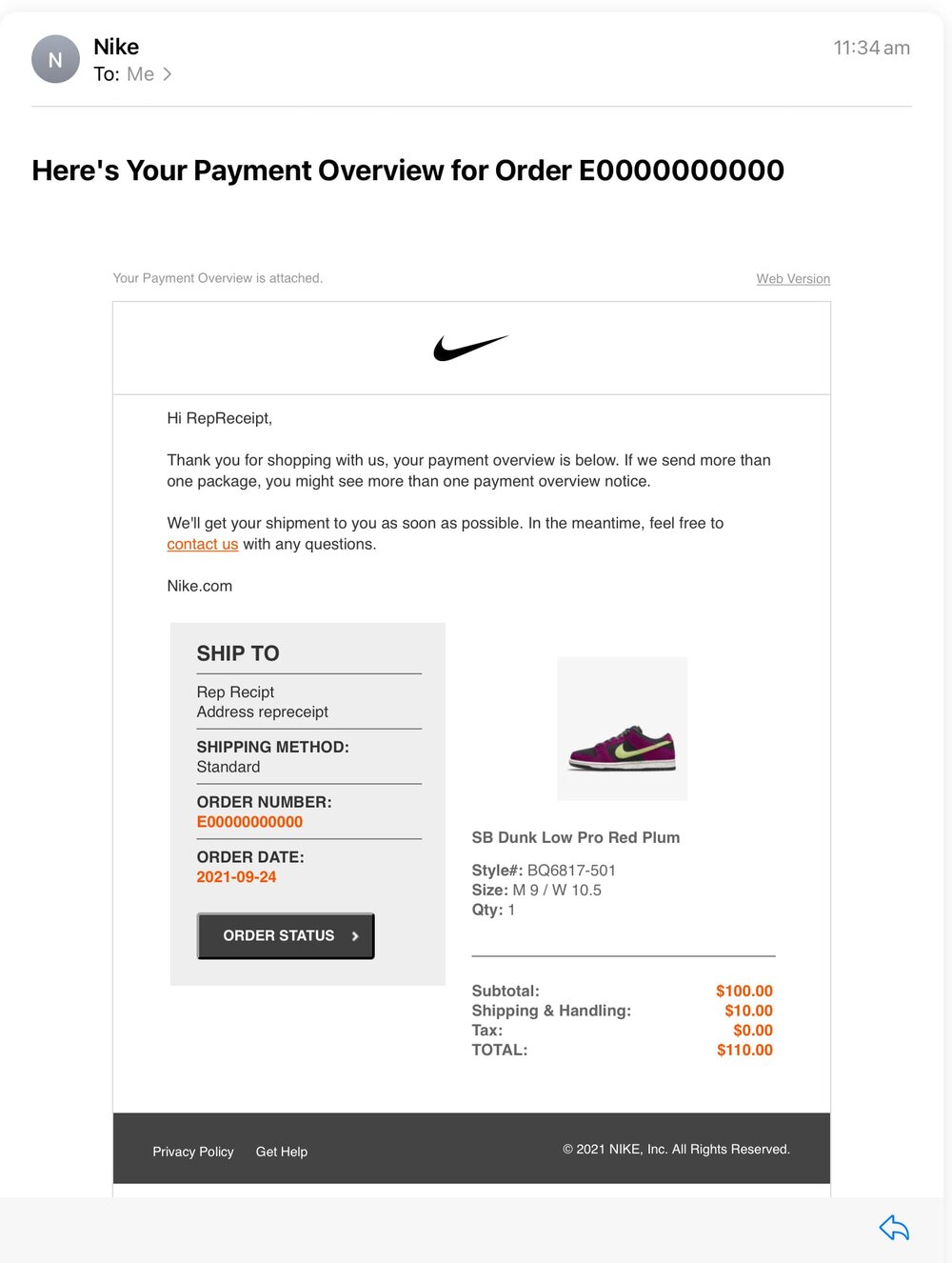 Nike SNKRS email receipt RepReceipt