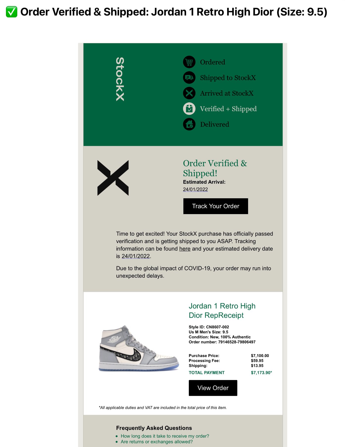 StockX email receipt — RepReceipt