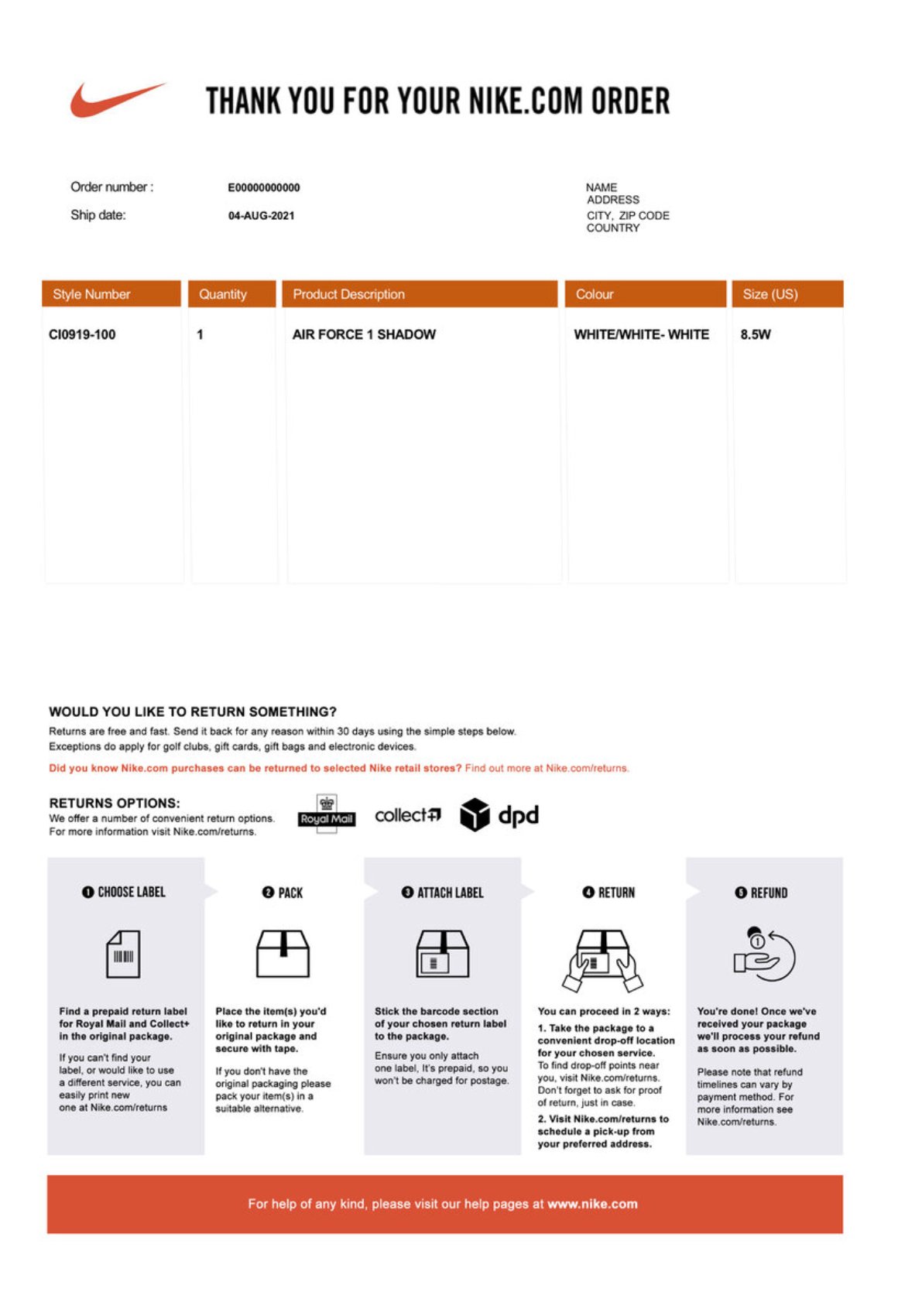 Nike receipt template