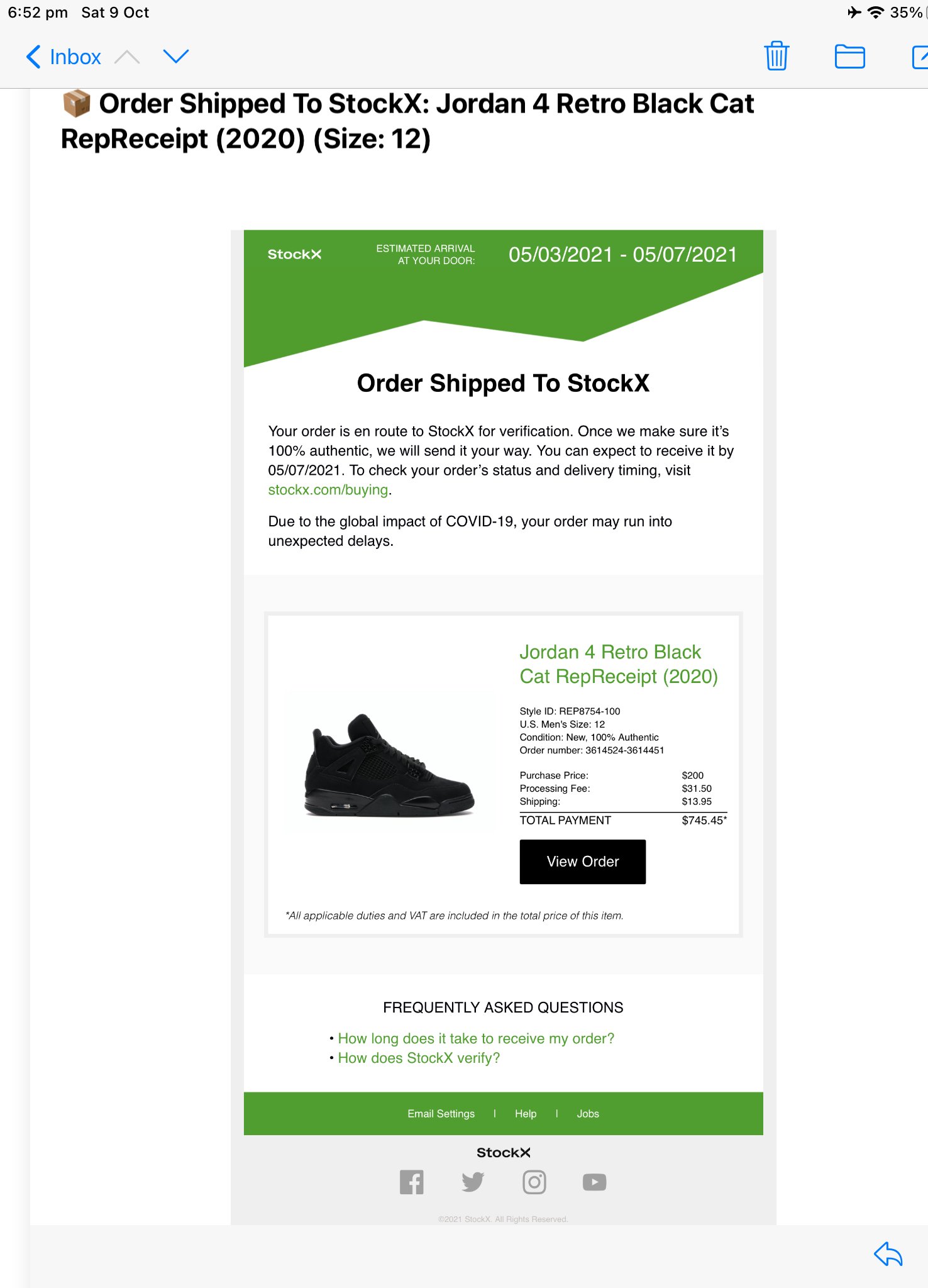 StockX email receipt — RepReceipt