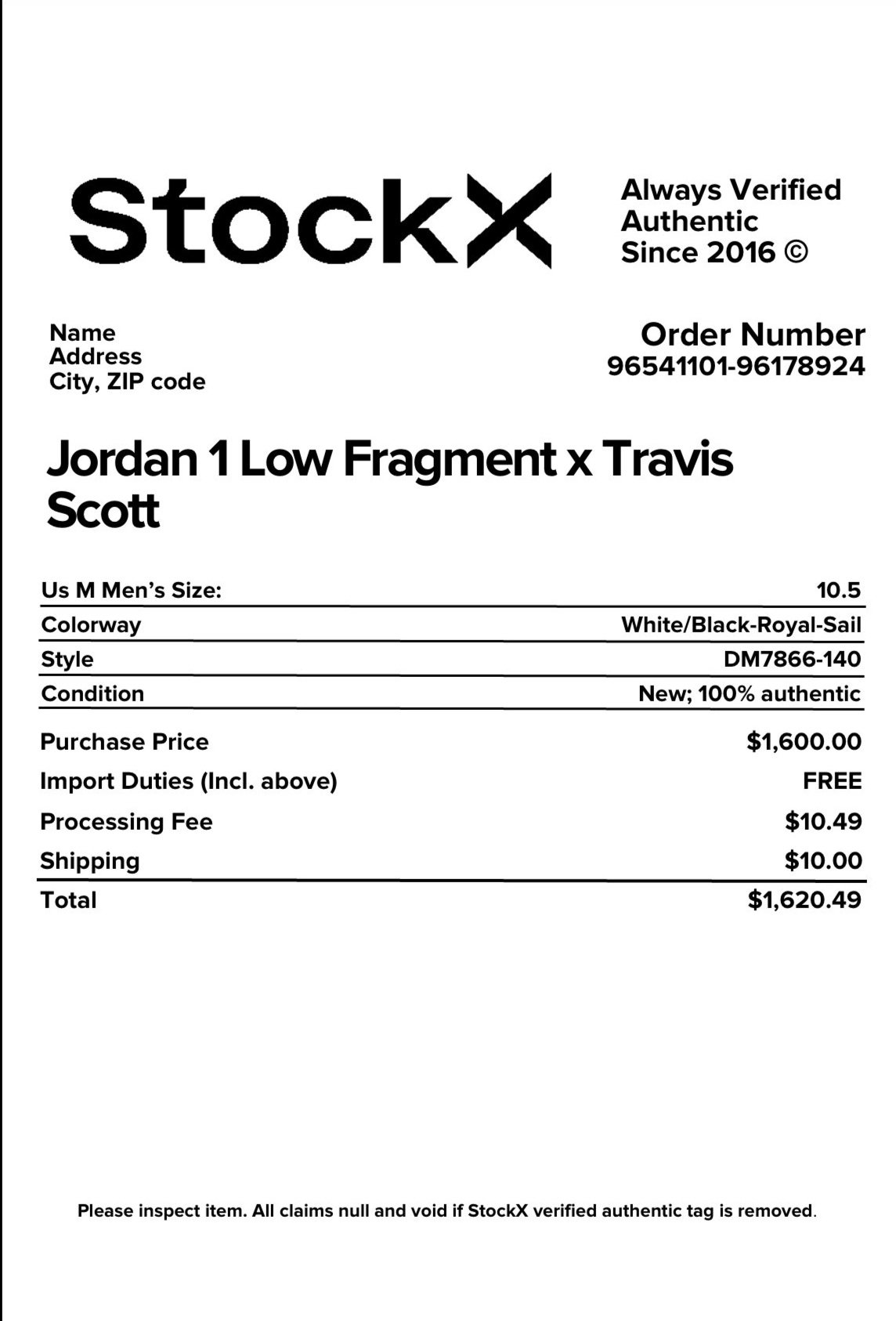 StockX purchase receipt for Jordan 1 Low Fragment x Travis Scott sneakers, size 10.5, colorway White/Black-Royal-Sail, style DM7866-140. Purchase price: $1,600, processing fee: $10.49, shipping: $10. Total: $1,620.49.