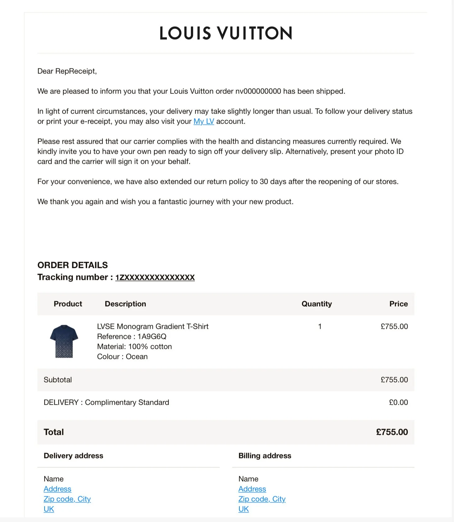Louis Vuitton Receipt for Handbags