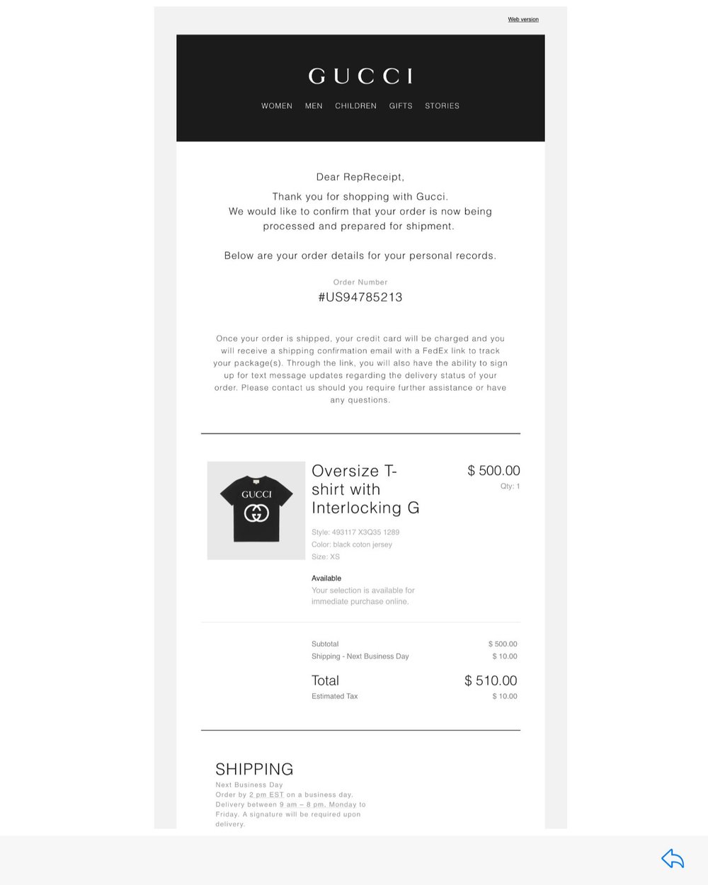 Gucci email receipt — RepReceipt
