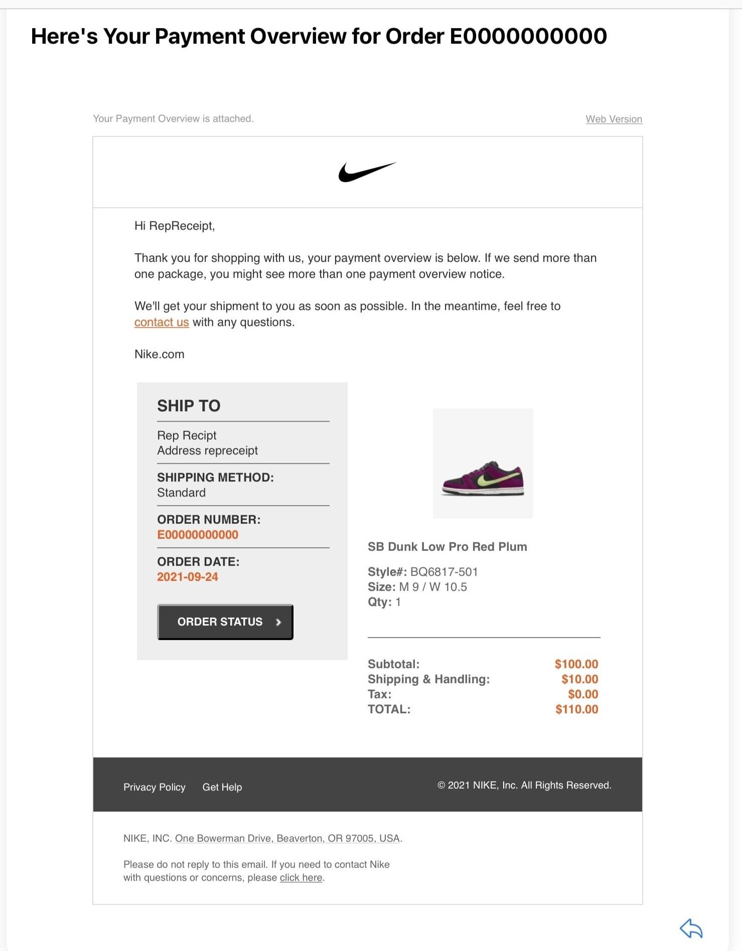 Nike SNKRS email receipt — RepReceipt