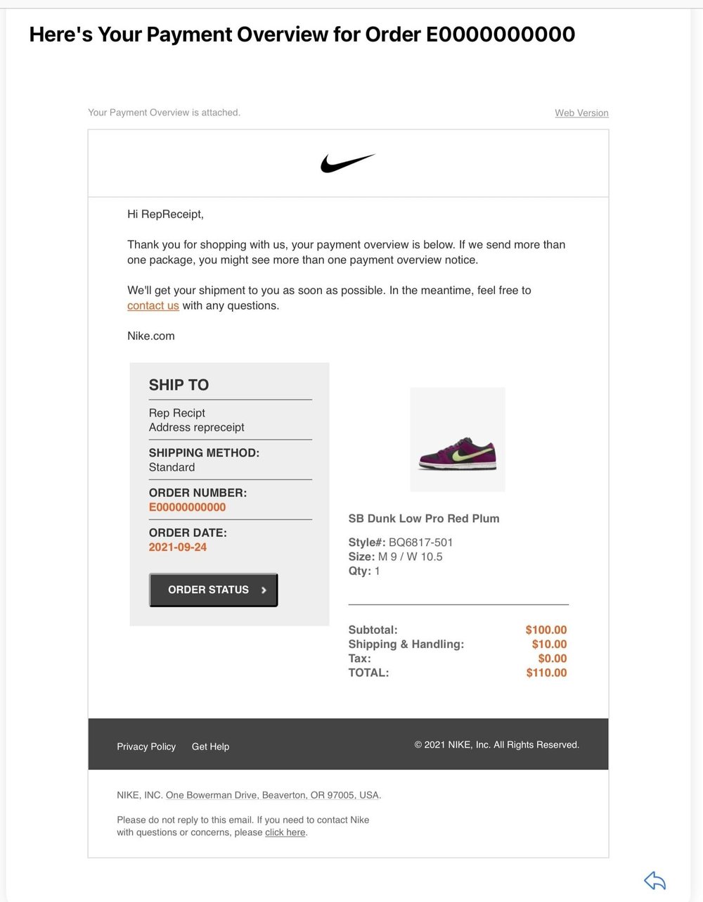 mejilla Omitir Pareja Nike SNKRS email receipt — RepReceipt
