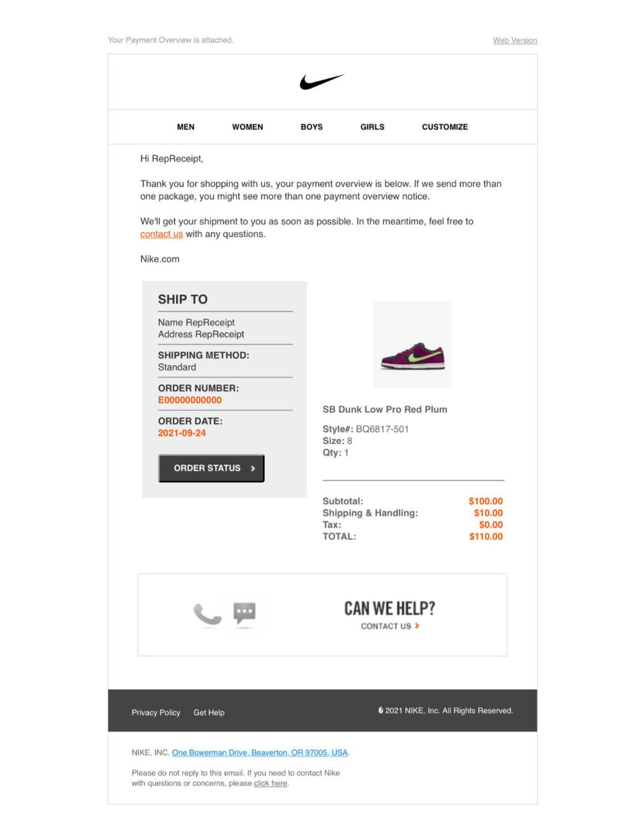 Nike SNKRS email receipt — RepReceipt