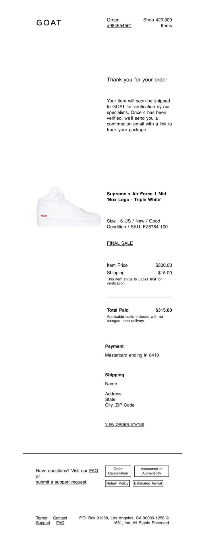 Goat email receipt