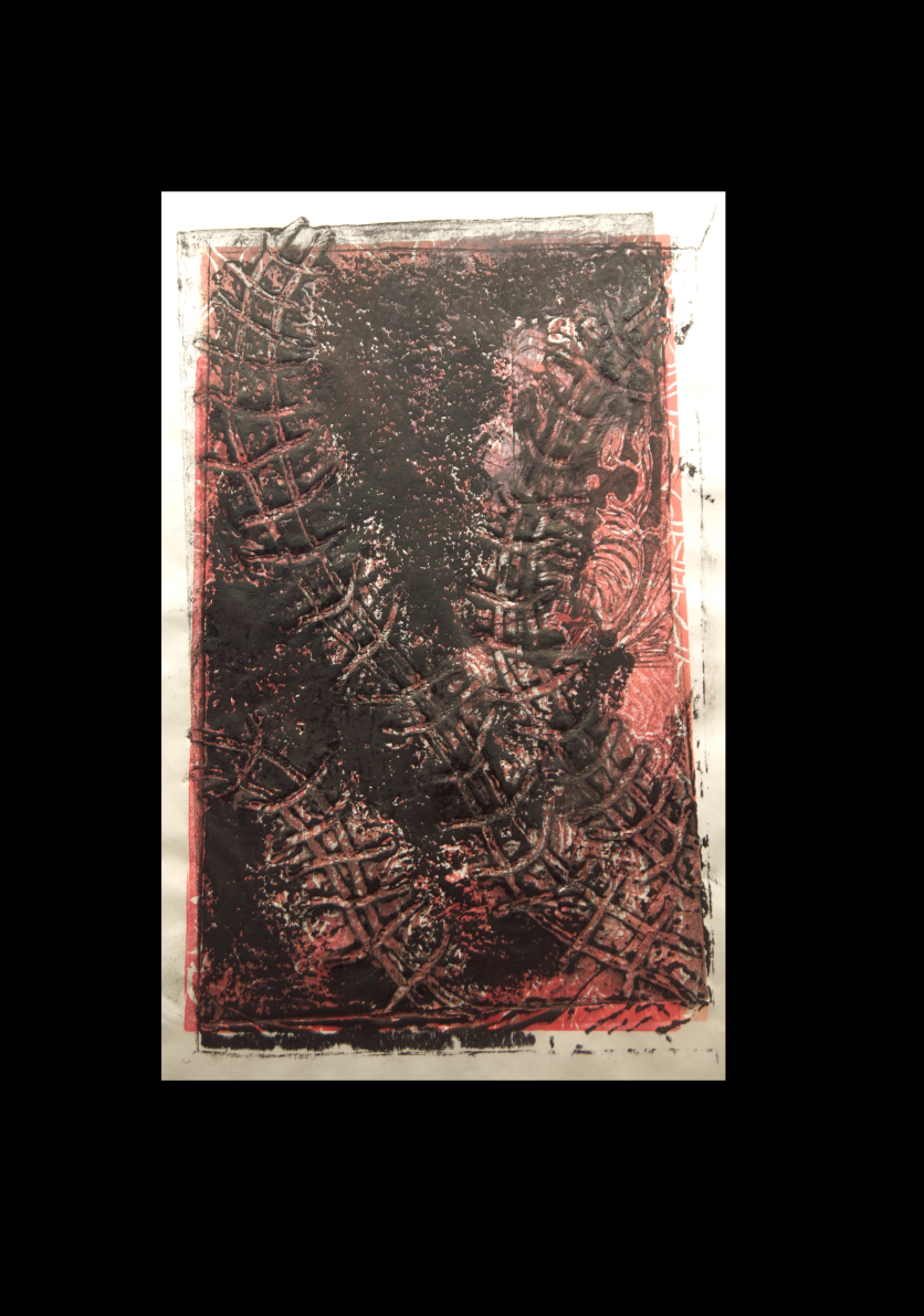 Spine: Struggle 4 29.5cm x 42cm mono-print lino and collagraph