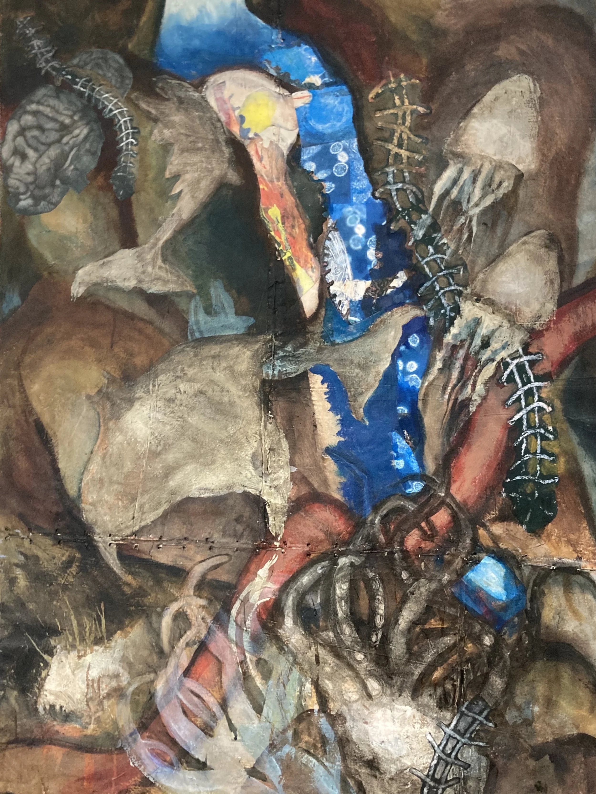 Petrified Cracks Open: Acrylic and collage on stitched canvas 90cm x 120cm