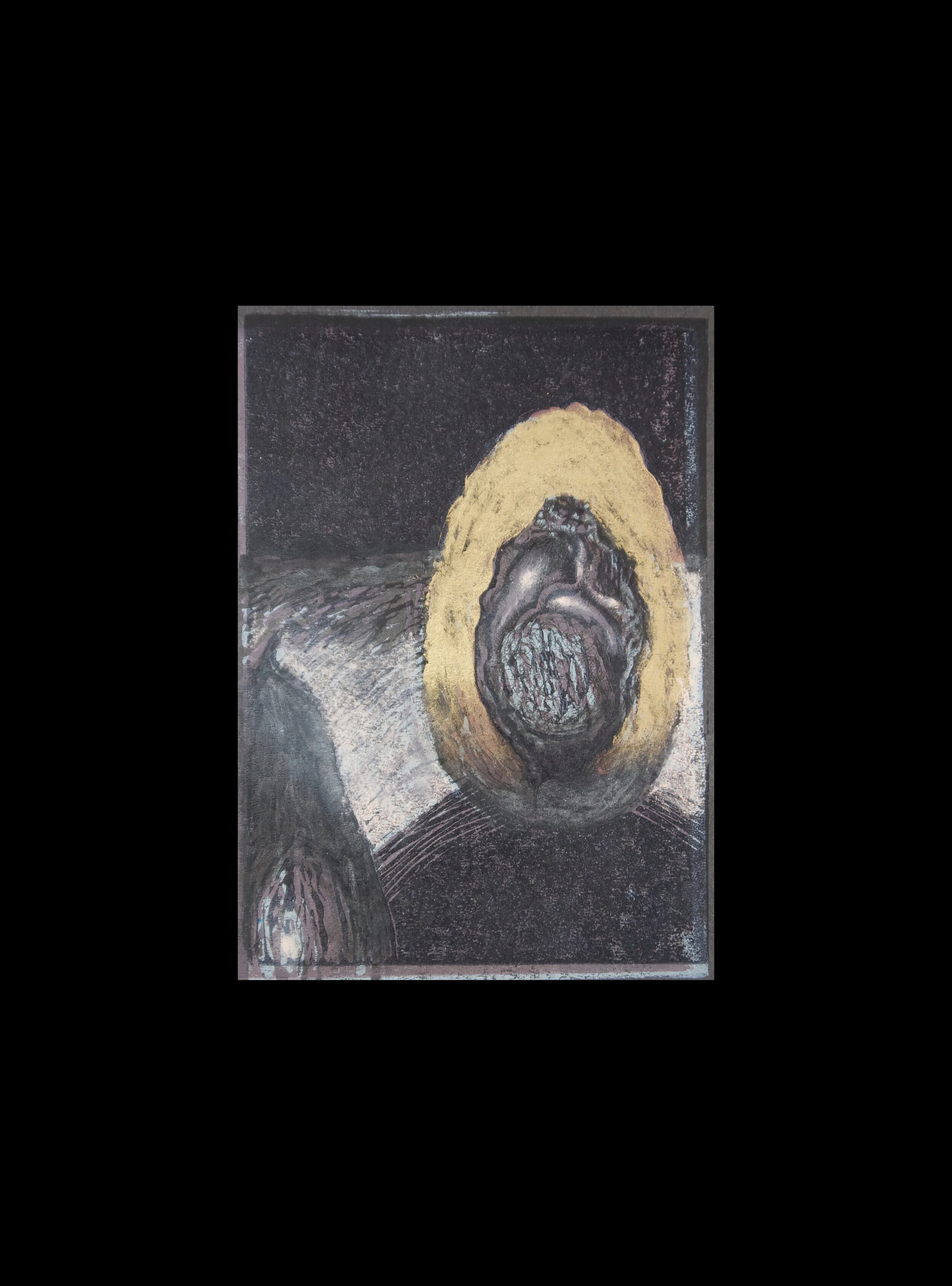 Gilded alien 1 mono-print and mixed media 29.5 x 42 cm