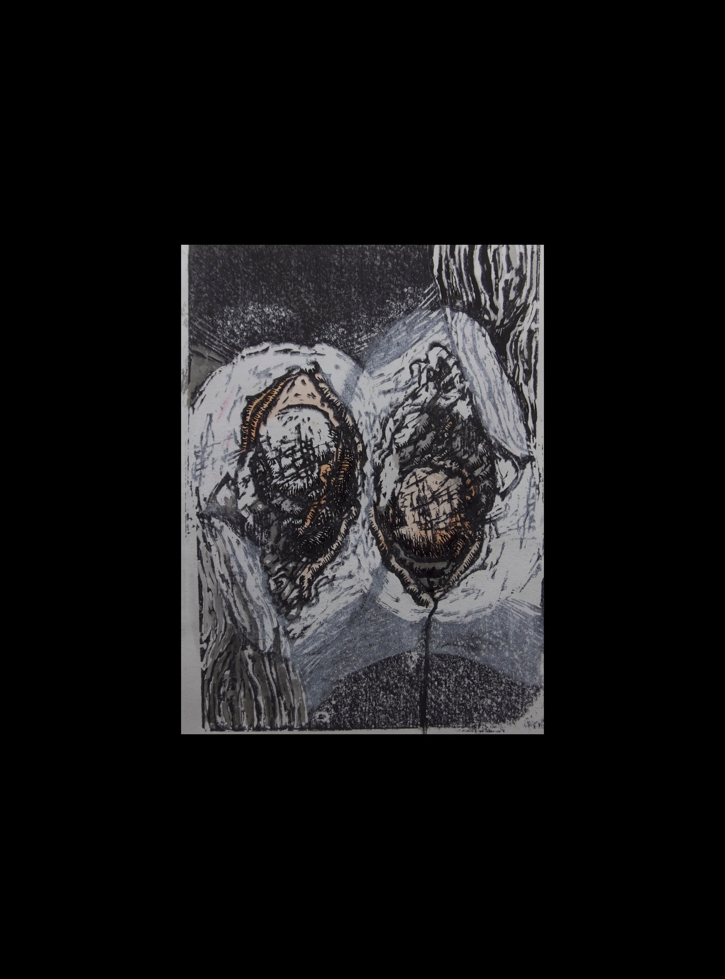 Exposed 4 mono-print and mixed media 29.5 x 42 cm