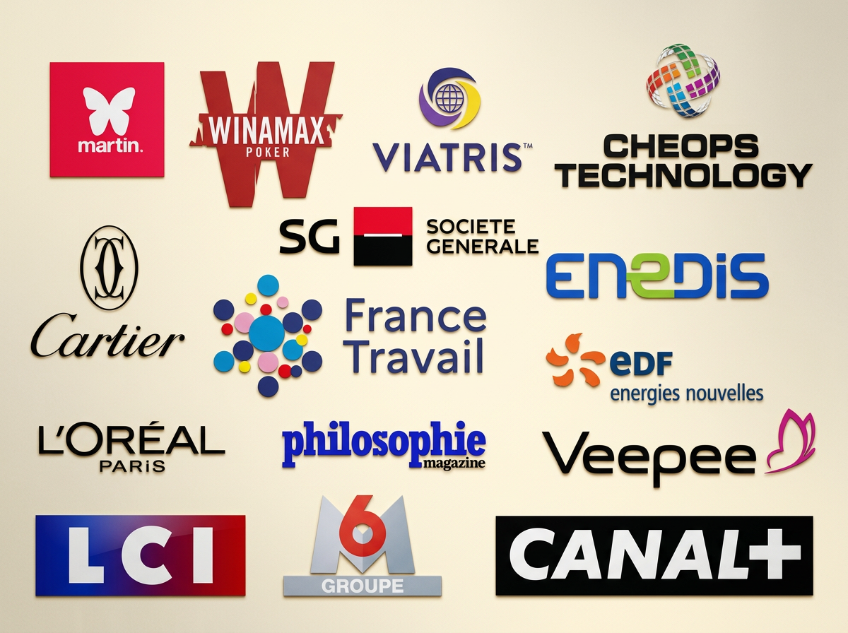 Logos d’entreprises et de médias ayant fait confiance à Élodie Mielczareck, Winamax Poker, Viatris, Cheops Technology, Société Générale, Enedis, EDF, Cartier, France Travail, L'Oréal Paris, Philosophie magazine, Veepee, LCI, M6 Groupe, et Canal+