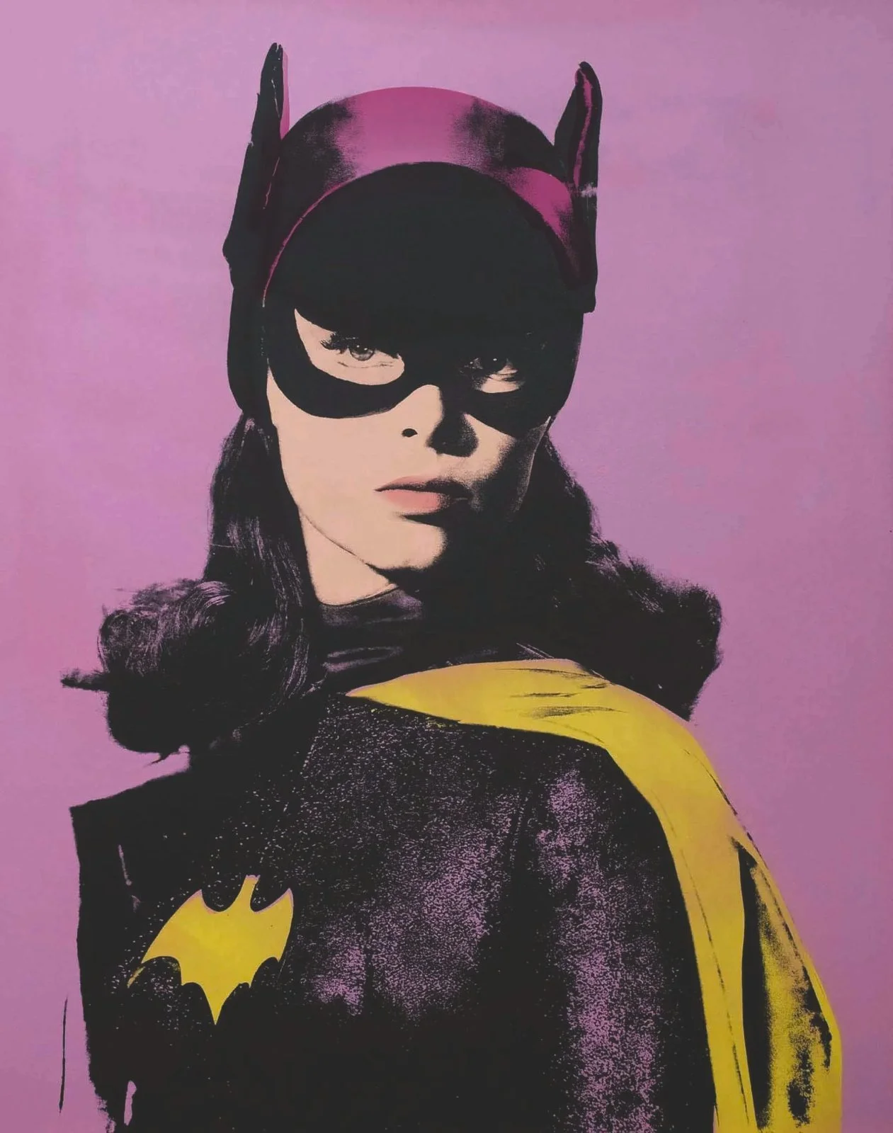 Pop art-style portrait of Batgirl, a female character with long hair, wearing a black mask and cape, against a purple background.