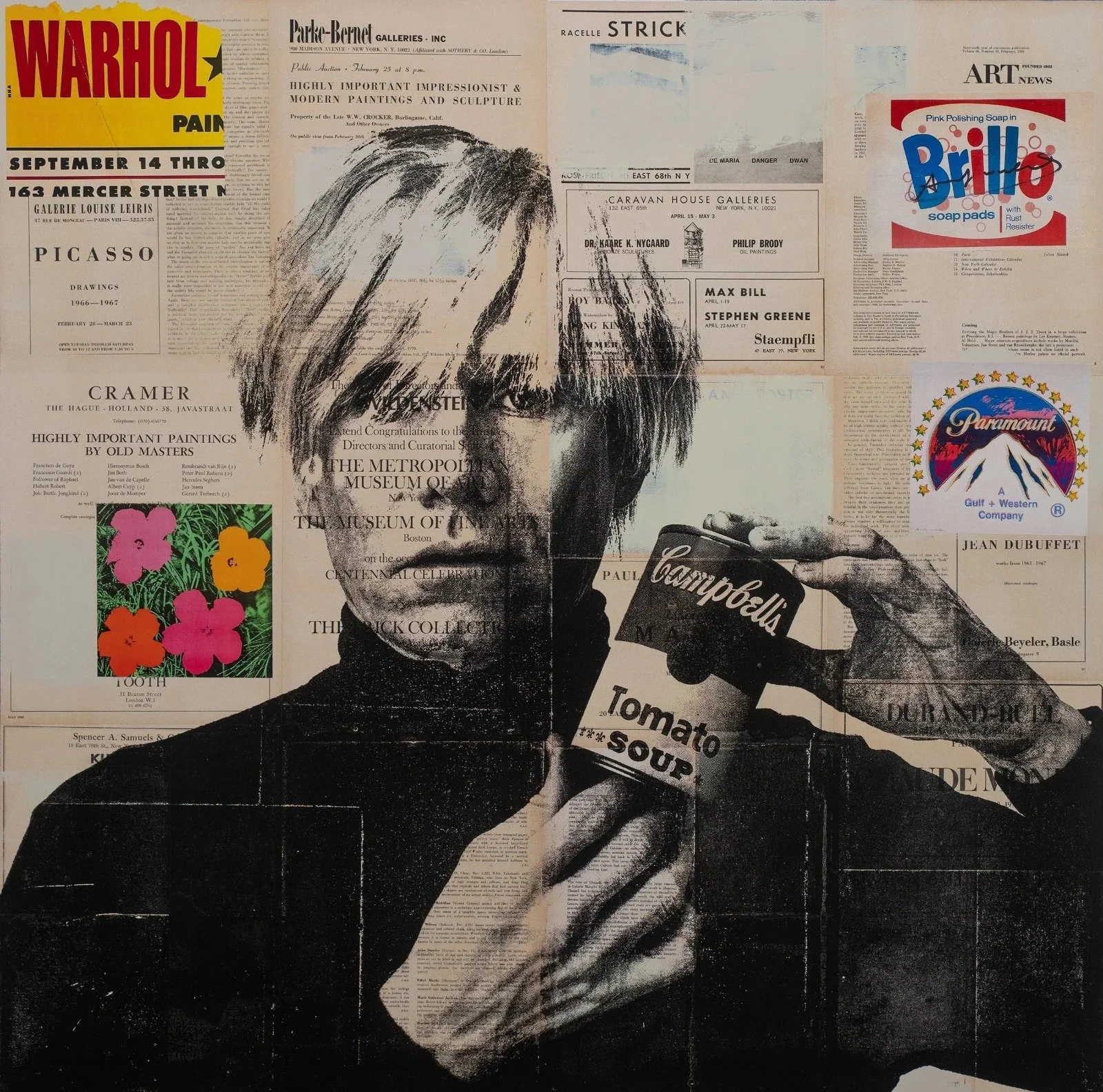 Collage of vintage newspaper clippings and advertisements, including a black-and-white portrait of a woman, floral illustrations, and various headlines and text in black, red, blue, and yellow.