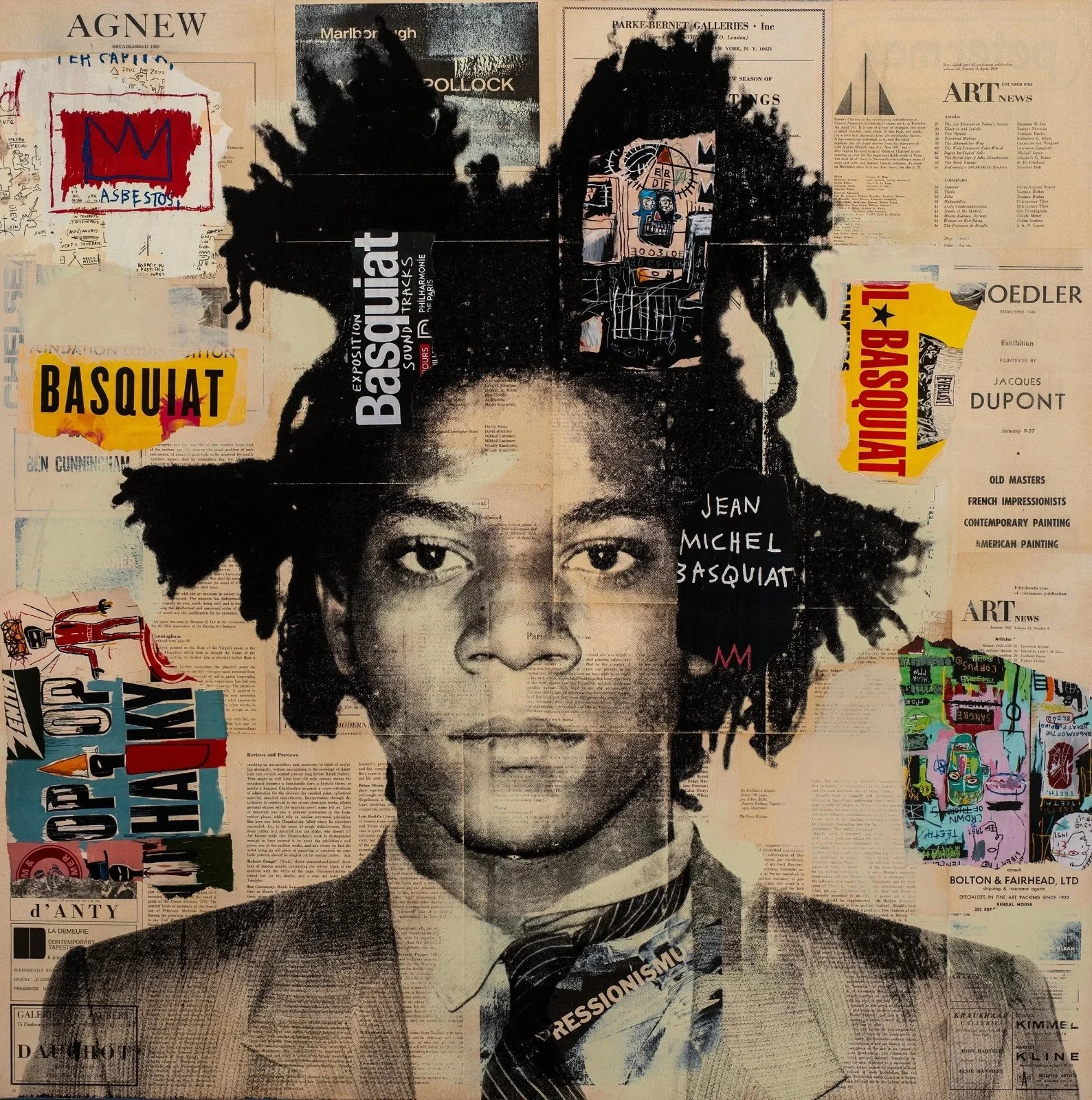 A mixed media collage featuring a black and white portrait of a man's face with textured hair, overlaid with torn pieces of newspapers, magazines, and posters containing text and images.