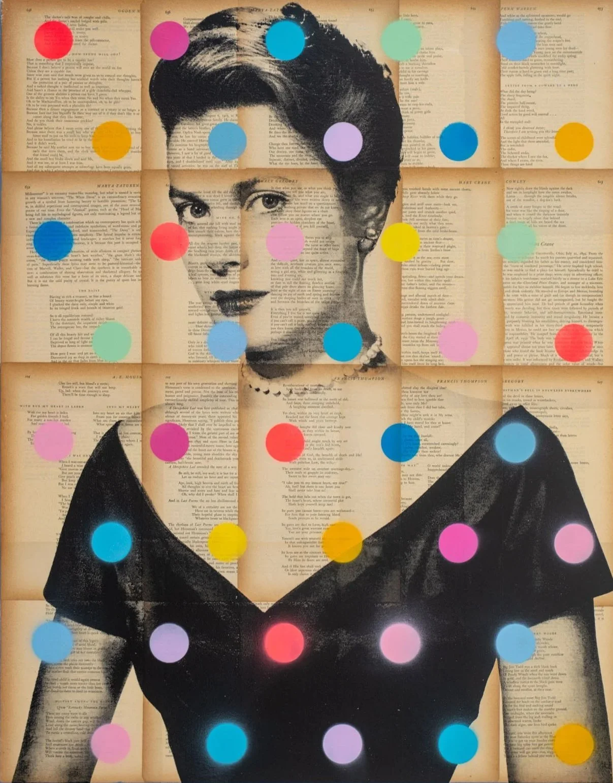 A collage artwork featuring a black-and-white photo of a woman with short hair and a distinctive facial expression, assembled from pages of a book. The image is decorated with colorful, translucent circles of pink, red, yellow, blue, purple, and gree