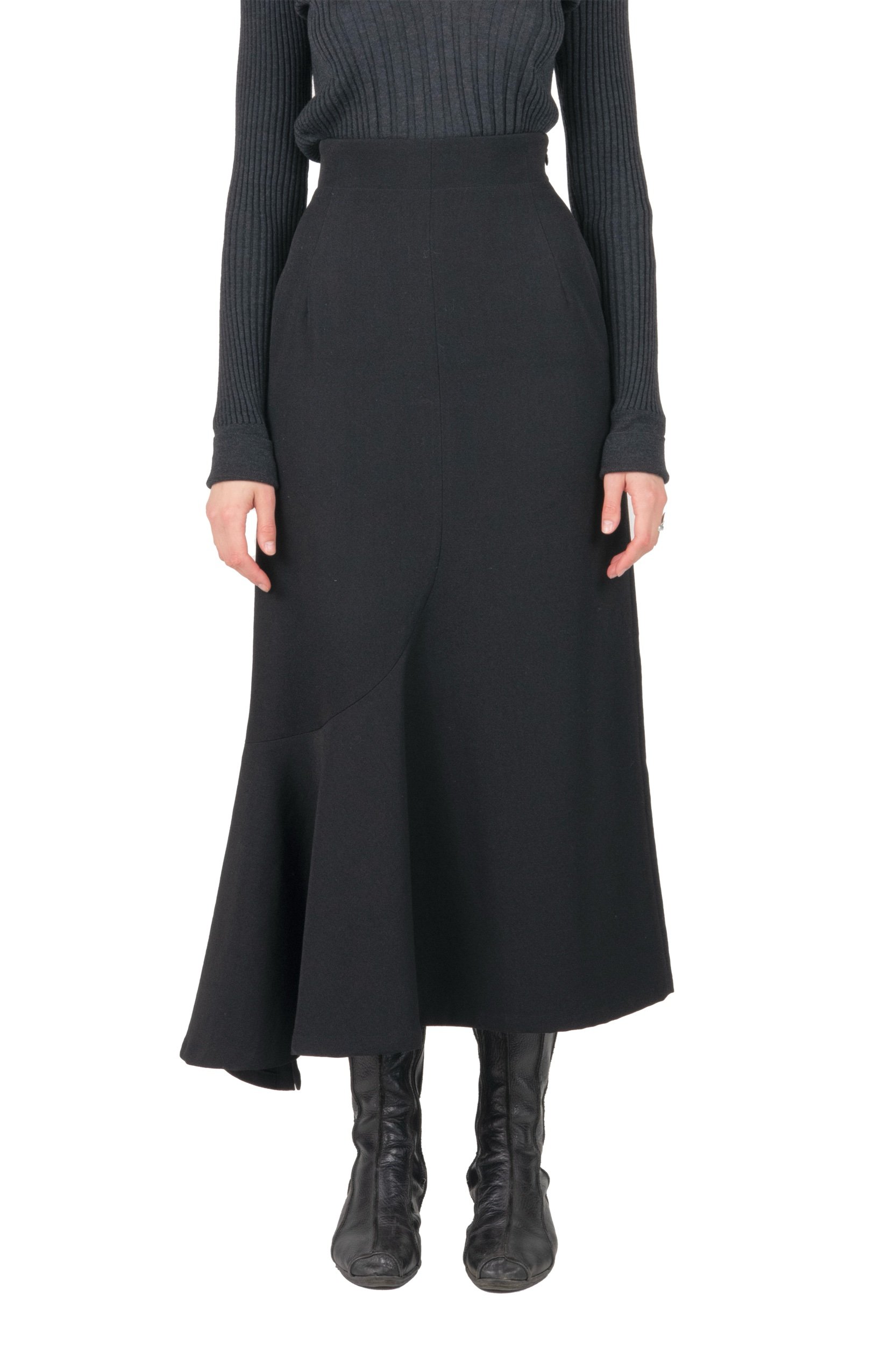 Yohji Yamamoto Black Wool Godet Maxi Skirt