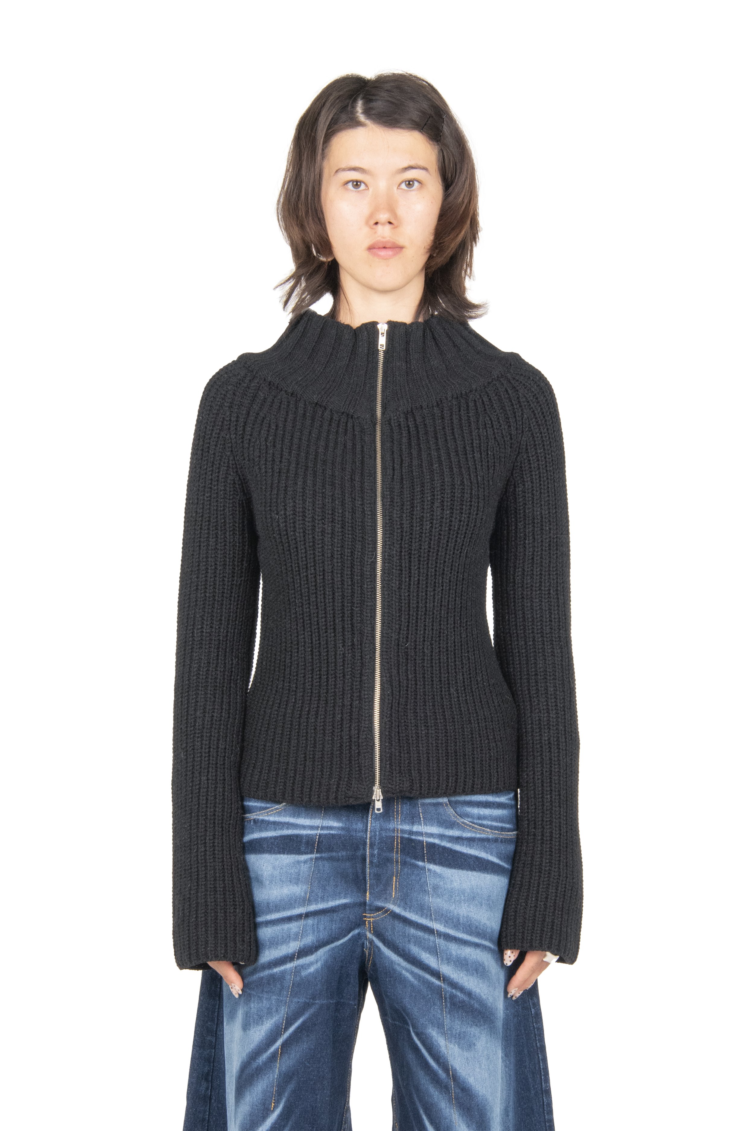 Ann Demeulmeester Black Zip Up Knit Jacket Front.jpg