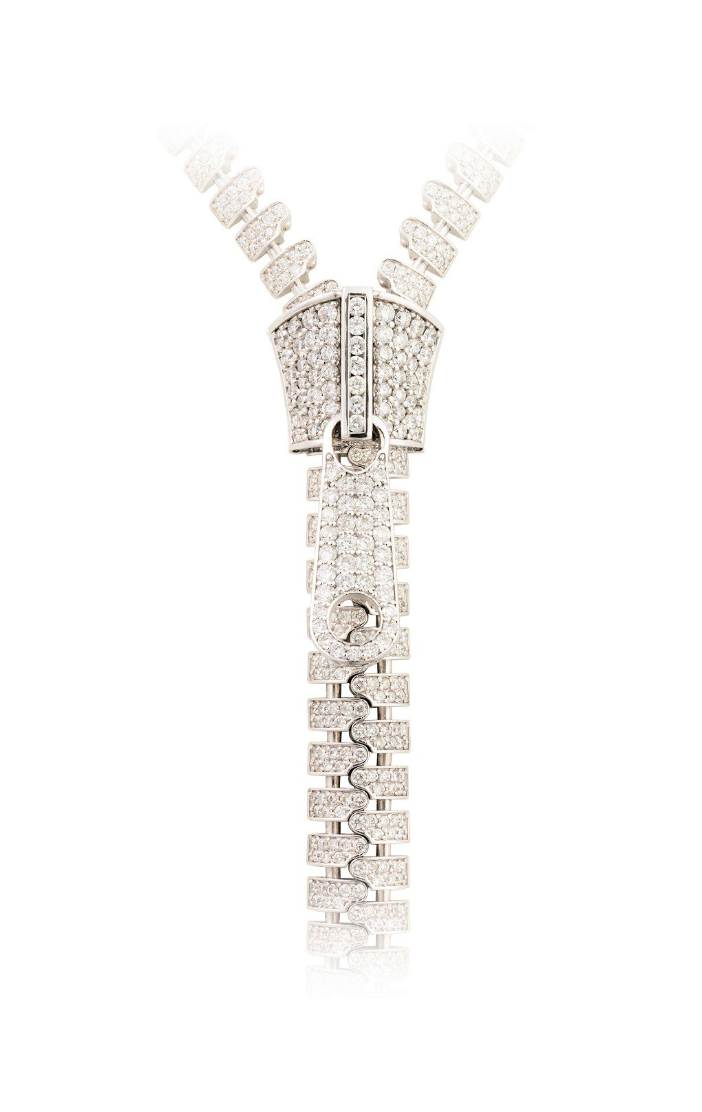 Sold at Auction: A DIAMOND ZIPPER NECKLACE, LAUDIER in 18ct white gold,  designed as a functioning, adjustable zipper, the zip jewelled with round  cut diamonds totalling approximately 1.0 carats, signed C'est Laudier