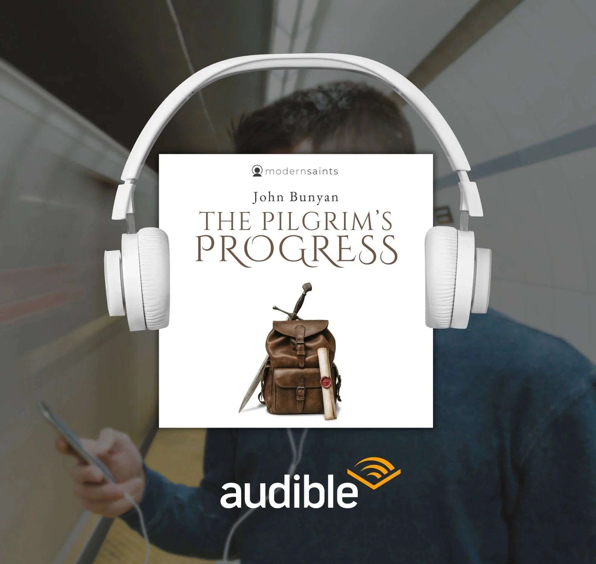 Cover of an audiobook titled "The Pilgrim's Progress" by John Bunyan, with a backpack, sword, and walking stick on the cover, worn by a person wearing headphones while walking in a hallway.