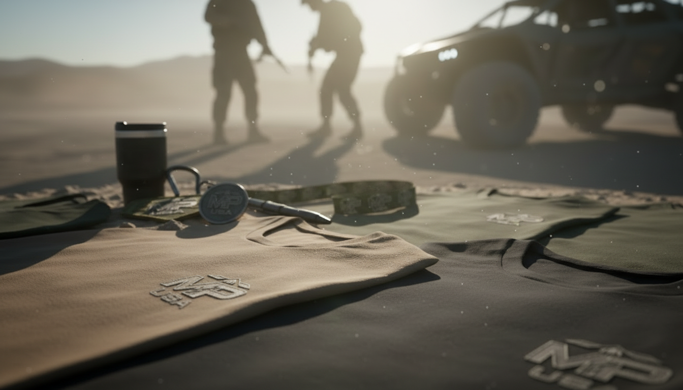 Military equipment laid out on the sand with two soldiers and a vehicle in the background, blurred, under a bright sky.
