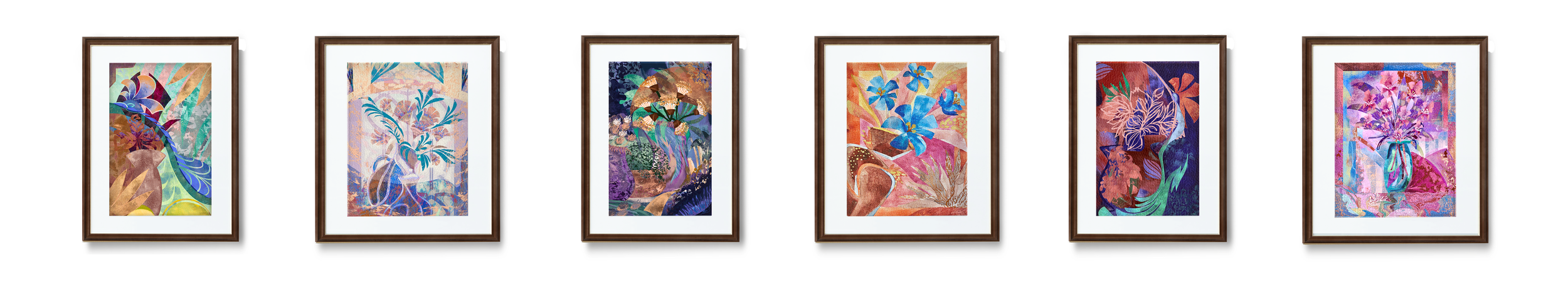 Six framed abstract paintings with floral and nature motifs available for purchase on www.thepaintretreat.com
