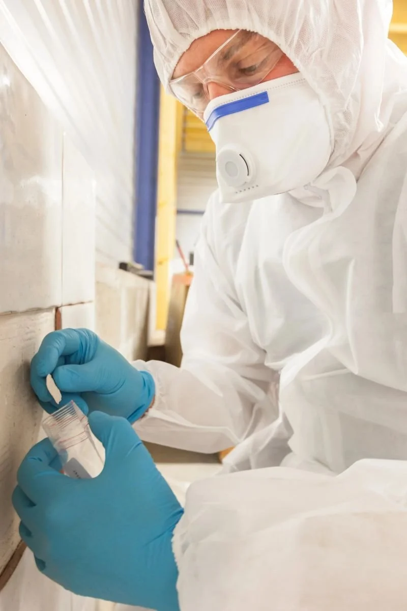 A scientist in full protective gear, including a face mask, goggles, and gloves, working in a laboratory setting.