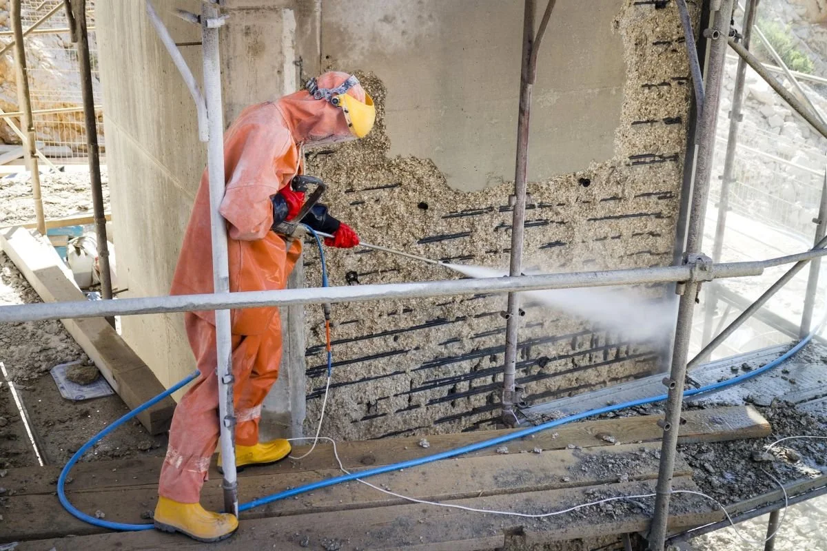 Construction worker in orange protective gear and yellow boots pressure-washing a concrete wall at a construction site surrounded by scaffolding.