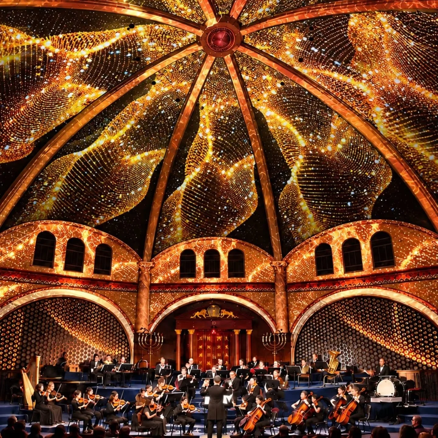 Golden projection patterns illuminate the dome above the live orchestra