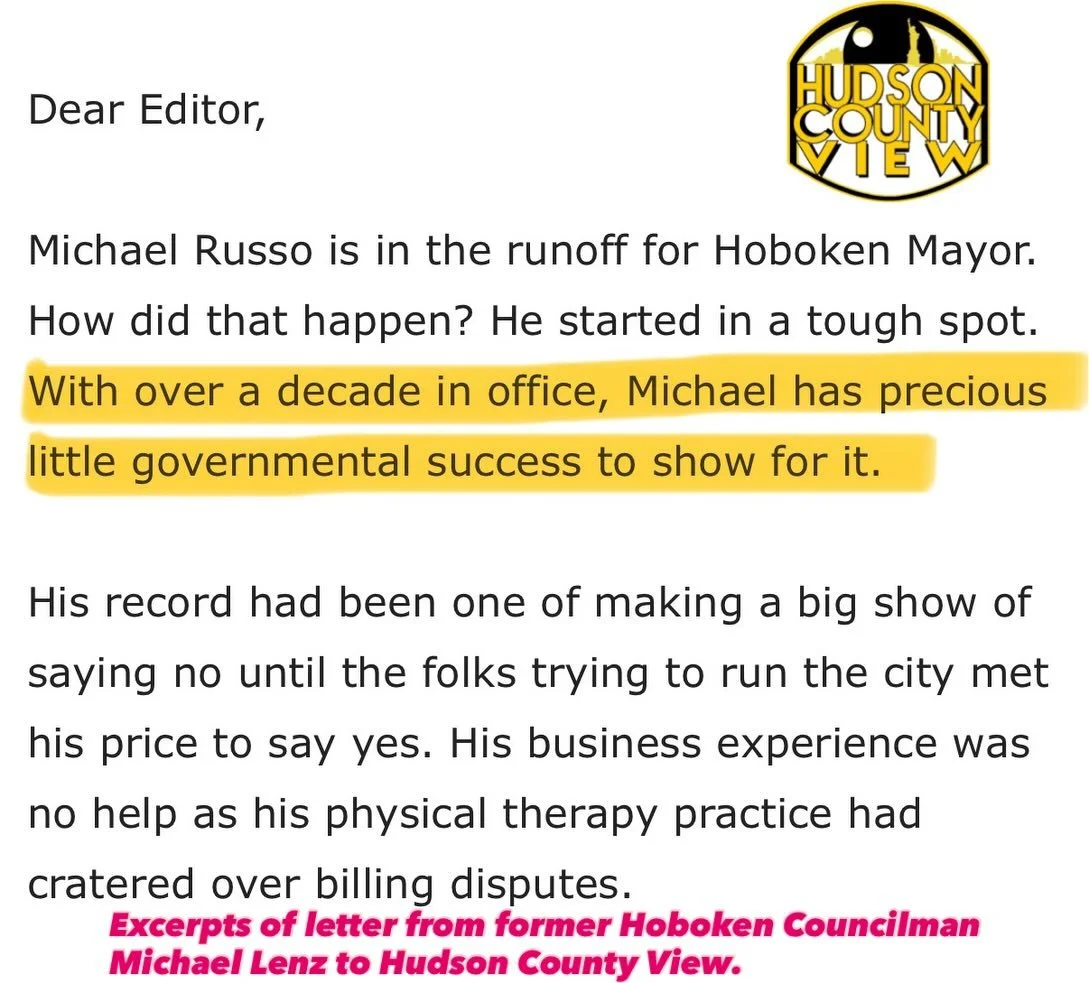 Today former Hoboken Councilman Michael Lenz wrote a detailed and thoughtful letter to the @hudsoncoview in which he is extremely critical Michael Russo&rsquo;s run for mayor and supportive of Councilwoman Emily Jabbour. Except are above. Full articl