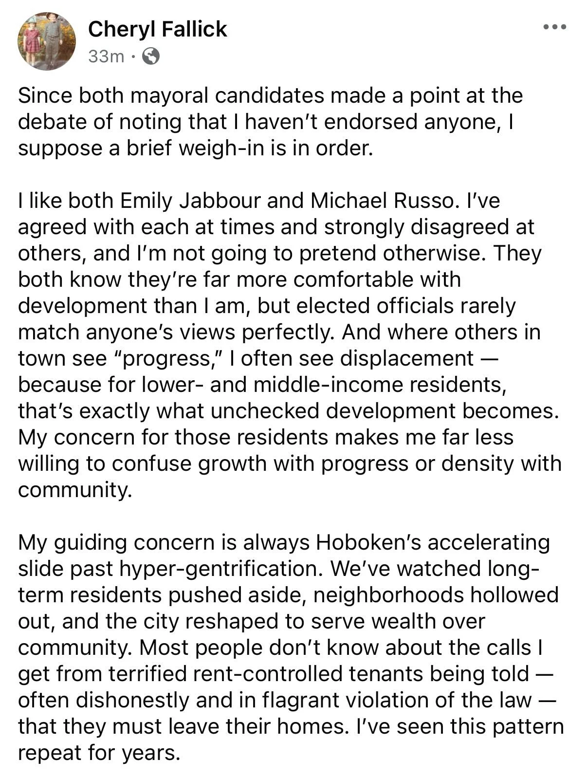 Post from tenant advocate Cheryl Fallick in support of Emily Jabbour for Mayor! Thank you Cheryl!